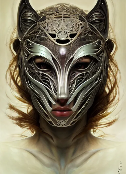 Prompt: organic cyborg, wolf mask opening to reveal radiant beautiful face, diffuse lighting, fantasy, intricate, elegant, highly detailed, lifelike, photorealistic, digital painting, artstation, illustration, concept art, smooth, sharp focus, art by John Collier and Albert Aublet and Krenz Cushart and Artem Demura and Alphonse Mucha
