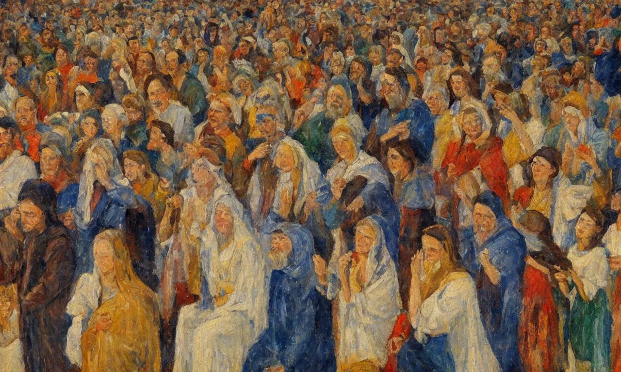 Prompt: a large group of people in kansas watches the biblical end of the world, in the style of minerva teichert, oil on canvas, impasto, visible brushstrokes, watercolor, 8 k scan