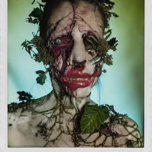 Image similar to a beautiful detailed front view portrait of a rotten woman corpse with fractal plants and fractal flowers growing around, volumetric light, beautiful lit, polaroid photography