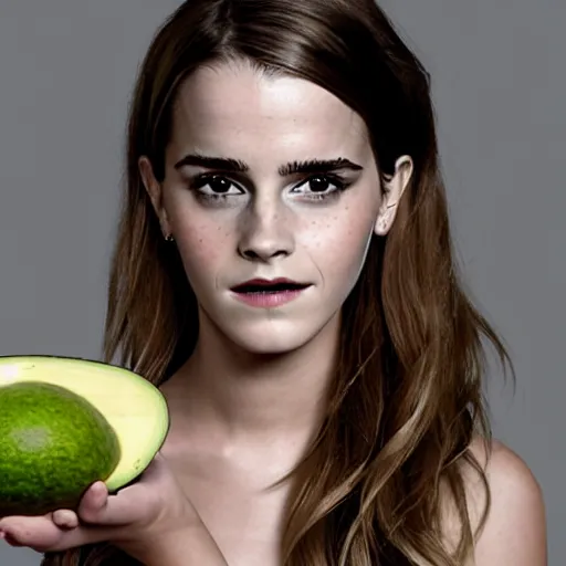 Image similar to anthropomorphic photograph of emma watson an avocado