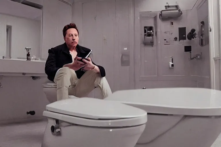 Image similar to hyperrealism aesthetic ridley scott and denis villeneuve style fashion photography of a detailed hyperrealism elon musk, siting on a detailed hyperrealism toilet and scrolling his detailed smartphone in hyperrealism scene from detailed art house movie in style of alejandro jodorowsky and wes anderson