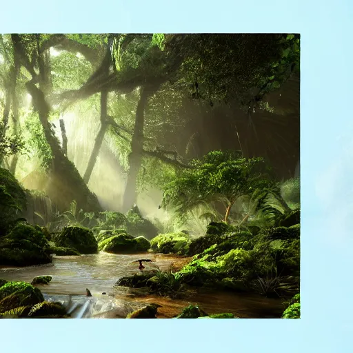 Image similar to Loving romantic drawing of a deep rain forest, light rays from the tree tops, small river on the ground, many avatars, hypermaximalistic, high details, cinematic, 8k resolution, beautiful detailed, insanely intricate details, artstation trending, octane render, unreal engine