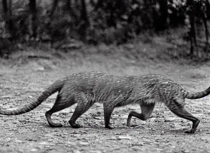 Image similar to photo of a thylacine, distinct animal, thylacine, thylacine, ‘Tasmanian (((tiger)))’, thylacine, detailed fur, long thin tail, long snout, small eyes, marsupial, drinking water from a lake, Australia, HD, National Geographic,