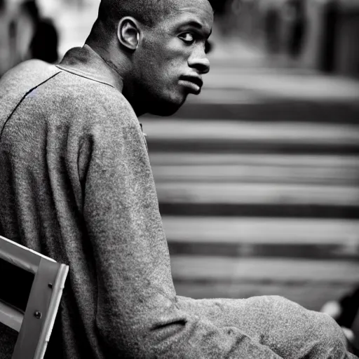 Image similar to black and white fashion photograph, highly detailed portrait of a depressed drug dealer sitting on the bench on a busy street, looking into camera, natural light, rain, mist, lomo, fashion photography, film grain, soft vignette, sigma 85mm f/1.4 1/10 sec shutter