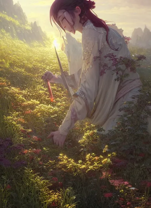 Prompt: highly detailed cultivator, stephen bliss, unreal engine, wuxia art by greg rutkowski, loish, rhads, ferdinand knab, makoto shinkai and lois van baarle, ilya kuvshinov, rossdraws, tom bagshaw, alphonse mucha, global illumination, radiant light, detailed and intricate environment