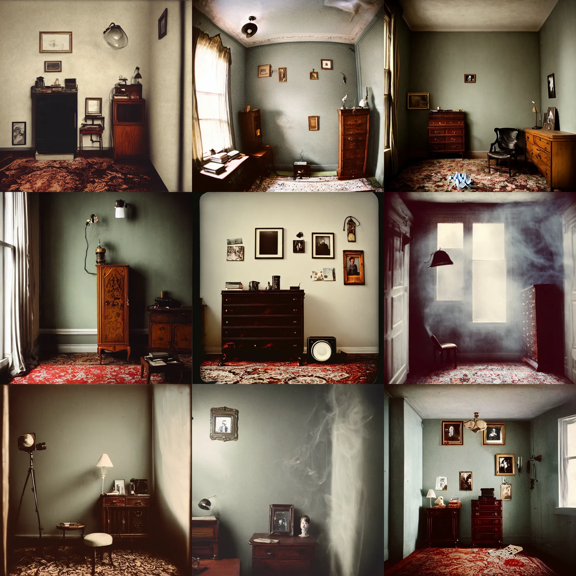 Prompt: kodak portra 4 0 0, wetplate, 8 mm extreme fisheye, award - winning portrait by britt marling, a handome boy, 1 9 2 0 s room, ghost, picture frames, shining lamps, dust, smoke, 1 9 2 0 s furniture, wallpaper, carpet, books, muted colours, wood, fog,