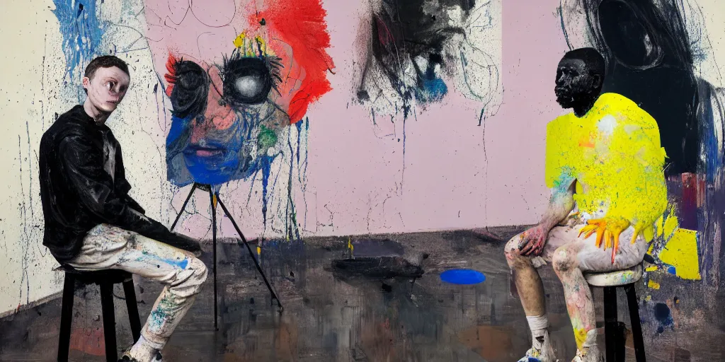 Prompt: portrait of a young painter with headache sitting on a stool painted by luc tuymans and vincent lefevre and hernan bas and pat steir and hilma af klint and danny fox, psychological, photorealistic, symmetrical face, dripping paint, washy brush, rendered in octane, altermodern, masterpiece