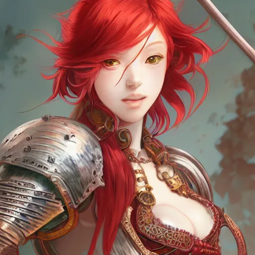 Prompt: a red haired female knight as an absurdly beautiful, elegant, young sensual anime girl, hilly background, ultrafine hyperrealistic detailed face illustration by kim jung gi, irakli nadar, intricate linework, sharp focus, bright colors, matte, octopath traveler, final fantasy, unreal engine highly rendered, global illumination, radiant light, intricate environment