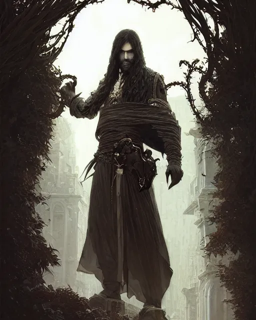 Prompt: ominous assassin, handsome male, rugged, white long hair!!, ornate cloak, vines, ultra - detailed portrait by wlop, artgerm, ilya kuvshinov, akihiko yoshida, greg rutkowski, karl spitzweg. sharp focus, highly detailed, intricate background, post processing