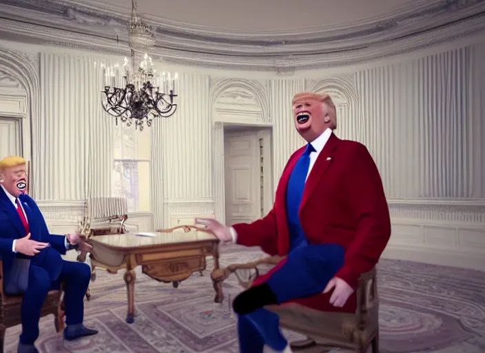 Prompt: Beautiful art portrait of Joe Biden acting as Clown buffoon in the Whitehouse with Donald Trump laughing in the background, unreal 5, DAZ, hyperrealistic, octane render dynamic lighting, vray