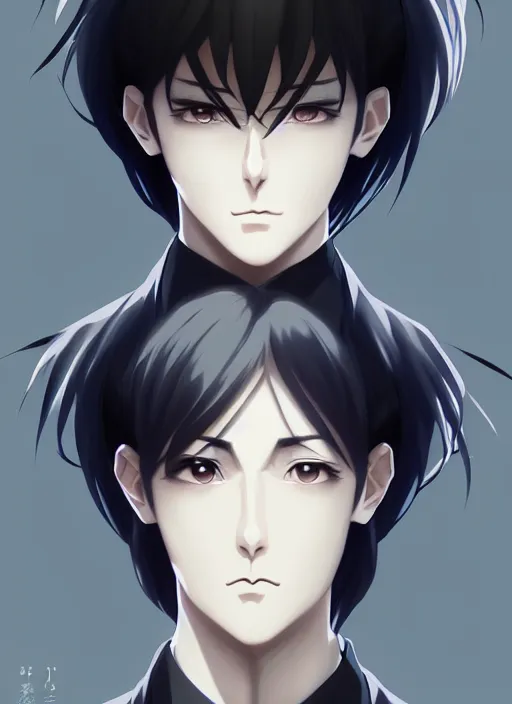 Image similar to symmetry!! anime art portrait male character, concept art, fantasy, anime key visual of elegant, black hair, finely detailed perfect face delicate, calm expression, muted colours background, sharp focus, smooth, illustration, cinematic lighting, trending on pixiv fanbox, artstation, art by studio ghibli, extremely high quality artwork,