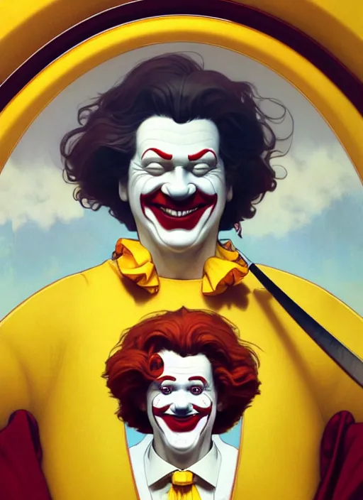 Image similar to close up portrait of ronald mcdonald, yellow jumper with white collar, fries and chicken nuggets swirling by artgerm, cushart krenz, greg rutkowski, mucha. art nouveau. gloomhaven, golden arches logo, pale colors, sharp edges. ultra clear detailed. 8 k. elegant, intricate, octane render