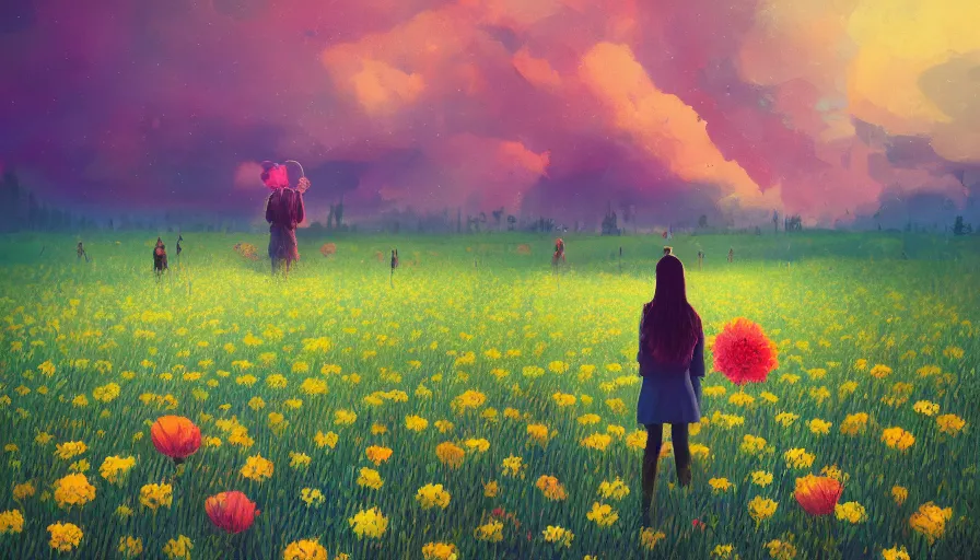 Prompt: girl with a giagantic flower as a face, surreal photography, dream, standing in flower field, hills, big trees, sunrise dramatic light, impressionist painting, colorful clouds, digital painting, pointillism, artstation, simon stalenhag, flower face