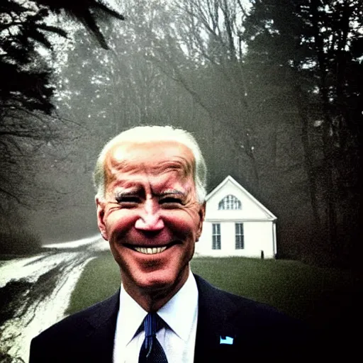 Image similar to low quality iphone photo taken in front of a house window of joe biden with standing ominously in the foggy woods with a demonic smile in his face, creepy