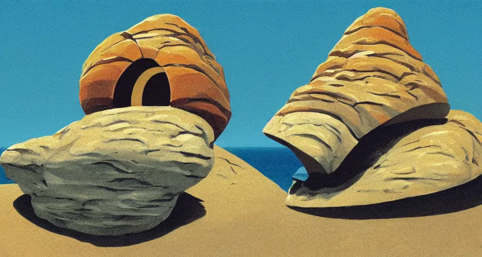 Image similar to acrylic painting of a tiny golden - spiral seashell house on top of a rock, by roger dean, syd mead, cell shaded graphics, concept art, minimalist