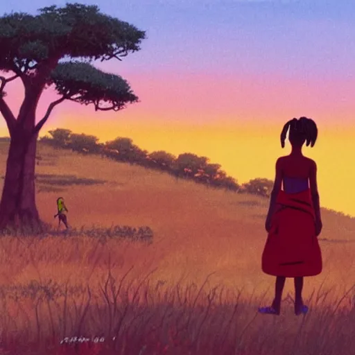 Prompt: a maasai girl standing in the savanna during a sunset by studio ghibli