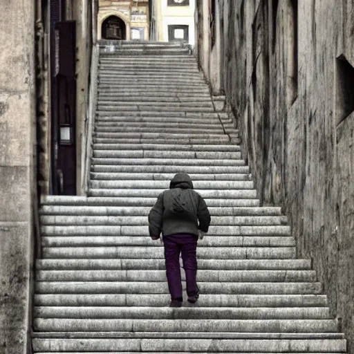 Prompt: a zimmer frame on steps in Porto, greg rutkowski