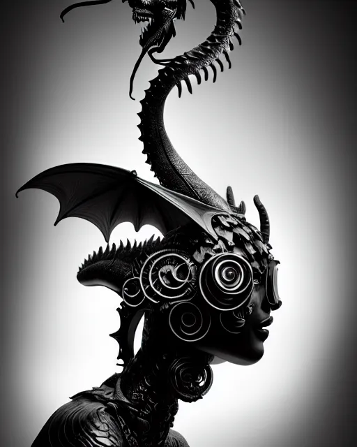 Prompt: surreal mythical dreamy dark artistic black and white fine art photo of a monumental bronze sculpture of a female - orchid - dragon - cyborg with a luminous brain, rim light, cinematic, studio dramatic light, poetic, octane render, 8 k, photo - realistic, by floria sigismondi and dora maar