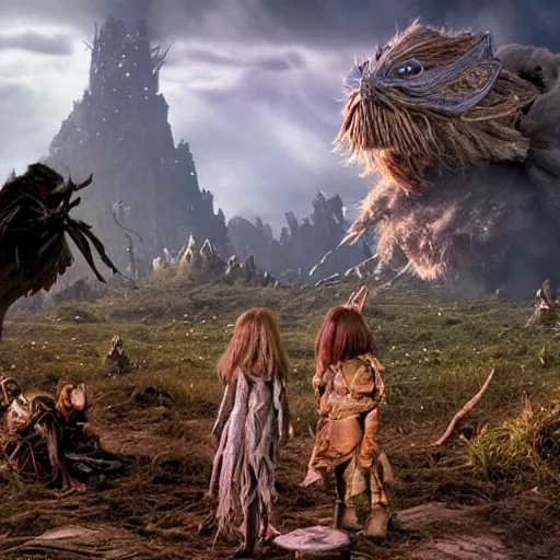 Image similar to the dark crystal wide angle battle scene, highly textured, hyperrealism, explosions, award winning, gritty