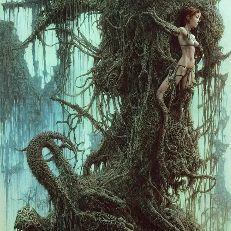 Prompt: cute young alyson hannigan with short hairs in lovecraftian jungles by luis royo and wayne barlowe, beksinski