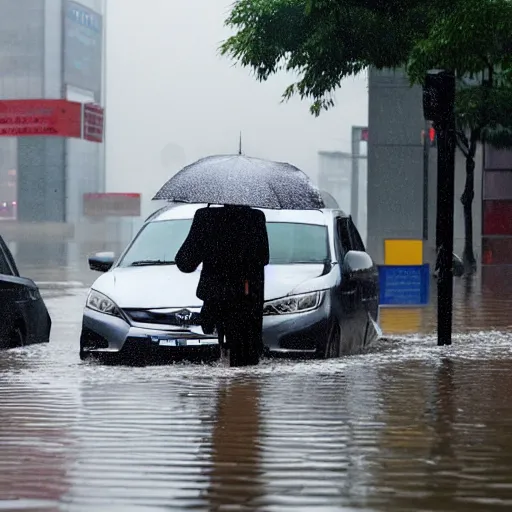 Image similar to seoul city is flooded by heavy rain. A guy with suit is sitting on the top of the A car is middle of the street flooded.