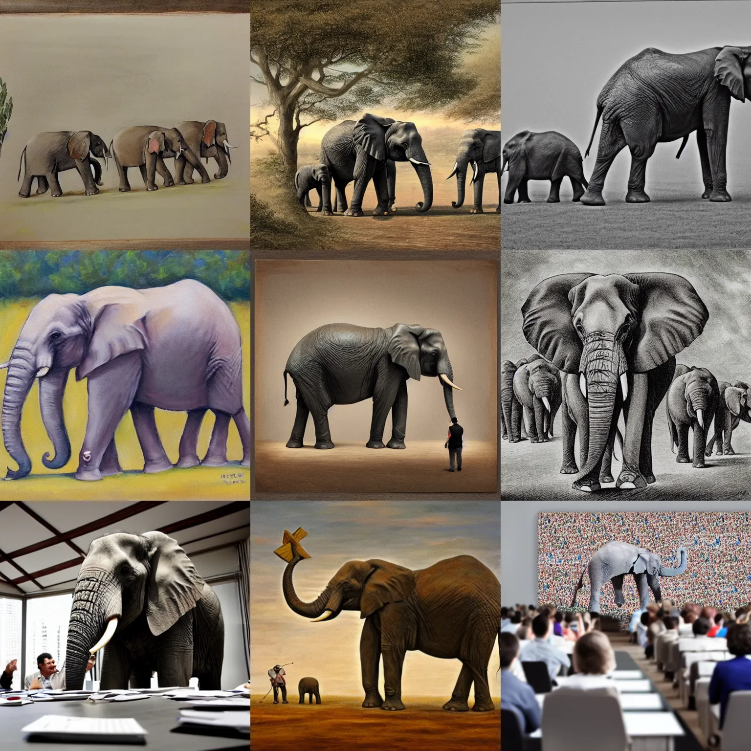 Prompt: a large meeting and an elephant