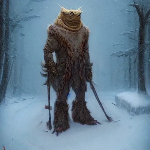 Prompt: anthropomorphic snappingturtle humanoid, pointy shell, greg rutkowski, barbarian, tim hildebrandt, winter, ice, snow, fur jacket, fantasy