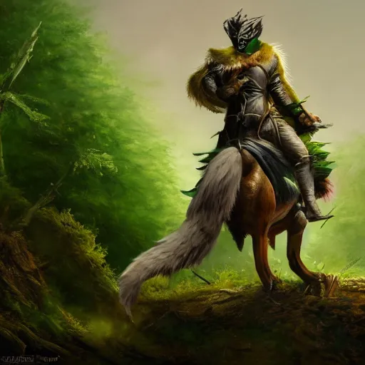 Prompt: oil painting of Anthropomorphized Squirrel warrior riding on Badger, wearing green cloak, wearing war paint, sharp focus, fantasy style, octane render, volumetric lighting, 8k high definition, by greg rutkowski, highly detailed, trending on art Station, magic the gathering artwork, magical forest backround, centered