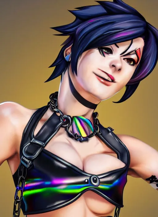 Prompt: full body digital artwork of tracer overwatch, wearing black iridescent rainbow latex tank top, 4 k, expressive happy smug expression, makeup, in style of mark arian, wearing detailed black leather collar, wearing chains, black leather harness, leather cuffs around wrists, detailed face and eyes,