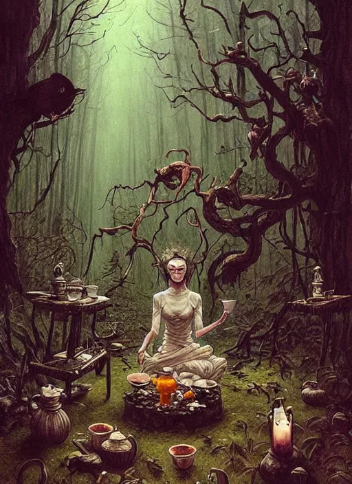 Image similar to witch having tea at a shrine in the woods gorgeous lighting, lush forest foliage a hyper realistic painting by chiara bautista and beksinski and norman rockwell and greg rutkowski weta studio, and lucasfilm