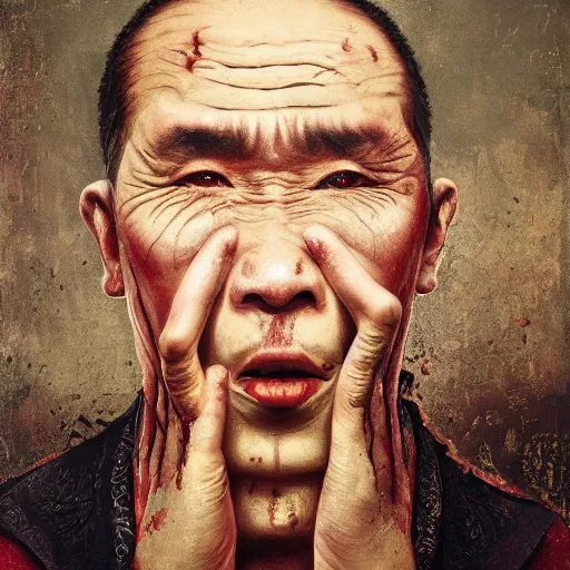 Image similar to chinese uyghur muslim prisoner and melting wax, wearing victorian rags, elite, disfigured, drooling, moist, unnatural movement, they are unhappy, bizzaro, baroque, renaissance, by emedios varo and anato finnstark and fenghua zhong, hyperrealism, 8 k, 3 d, masterpiece, texture