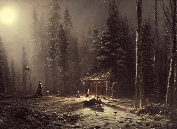 Image similar to A hooded figure carrying a torch approaches an abandoned tavern on a moonlit night, Ivan Shishkin and Greg Rutkowski