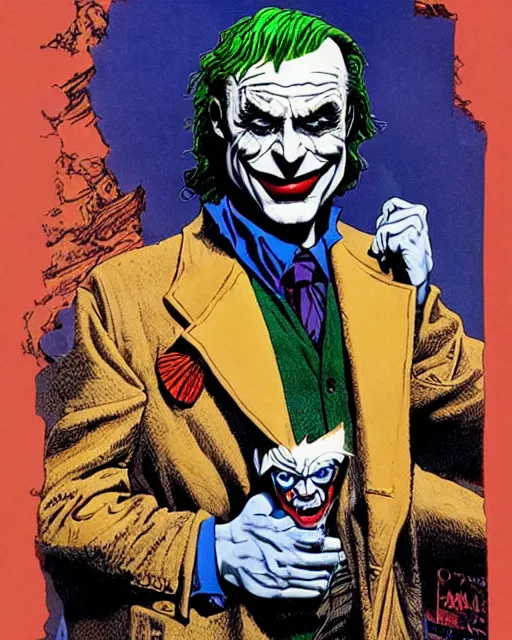 Image similar to portrait of saul goodman as the joker, die cut sticker, art by neil gaiman and peter elson, bernie wrightson