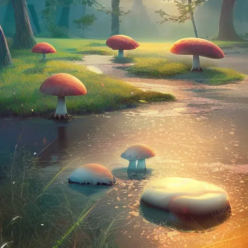 Prompt: a beautiful lake with cute little mushrooms growing around it, by roman shipunov, etienne hebinger, atey ghailan, cgsociety, cynical realism, fantasy art, 2 d game art
