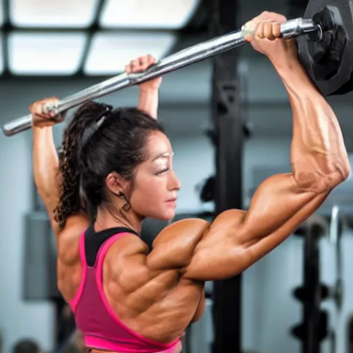 Prompt: a female bodybuilder lifting a heavy weight and feeling proud, ultra realistic, HD