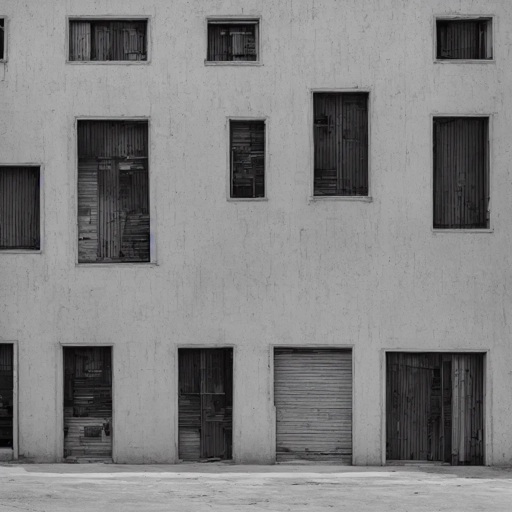 Image similar to a large building facade covered by lots of different makeshift doors, photographed by ansel adams, sony a 7 r 3, f 1 1, fully frontal view, ultra detailed,