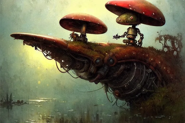 Image similar to adventurer ( ( ( ( ( 1 9 5 0 s retro future robot mouse amphibious vehical home. muted colors. swamp mushrooms ) ) ) ) ) by jean baptiste monge!!!!!!!!!!!!!!!!!!!!!!!!! chrome red