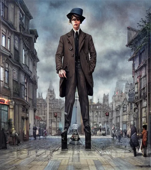 Prompt: techno sherlock holmes standing in a city square, soft colours, detailed, digital art, hd, by tom bagshaw, by fintan magee, by raymond swanland