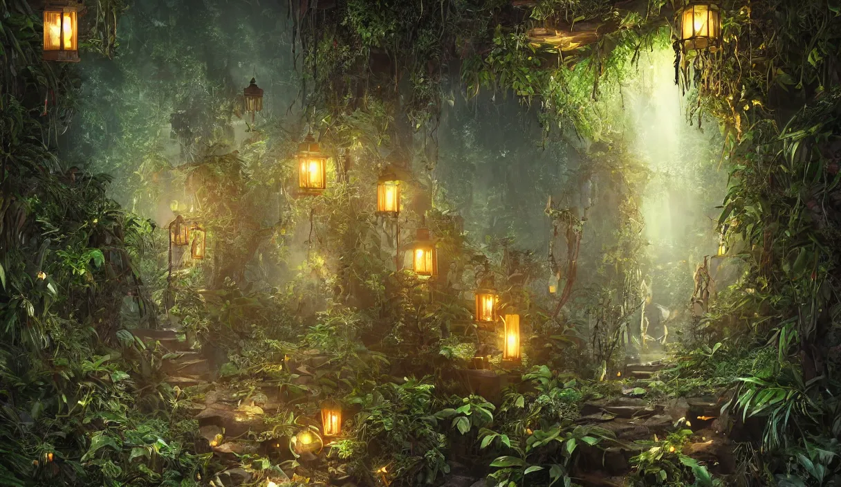 Prompt: jungle, path, lanterns, stars, torches, fireflies, bioluminescence, fire, fog, insane details, intricate, elite, ornate, elegant trend, highly detailed and intricate, sharp focus, photography, unreal engine, trending on artstation, photorealistic, octane, hyper detailed, trending on deviantart,