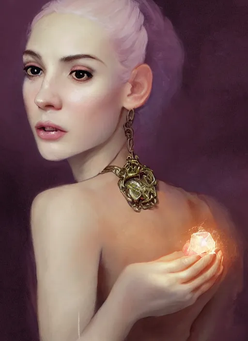 Image similar to character concept portrait of an attractive young focused Spanish witch with pale pink skin and a crystal necklace enchanting a glowing seduction spell, a floating glowing spell book in the center, intricate, elegant, digital painting, concept art, smooth, sharp focus, illustration, from Metal Gear, by Ruan Jia and Mandy Jurgens and William-Adolphe Bouguereau, Artgerm