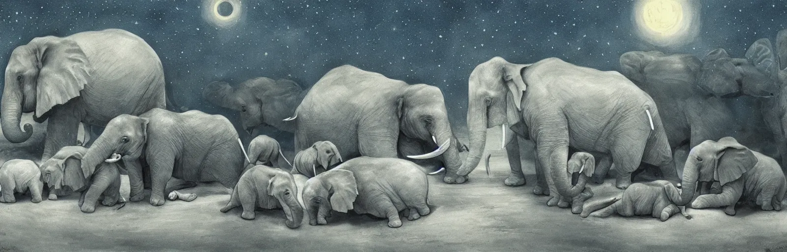 Prompt: two adult elephants and a baby elephants sleeping soundly under a starry sky, savannah, illustration, detailed, smooth, soft, warm, by Adolf Lachman, Shaun Tan, Surrealism