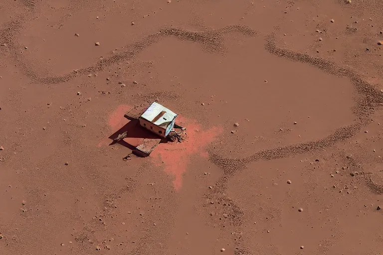 Image similar to an old rickety Soviet village house stands alone on Mars next to which a local resident stands and waves his hand, colourful