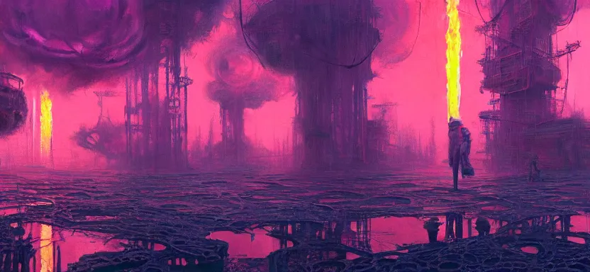 Image similar to beautiful masterpiece painting of a dystopian city in a future radioactive glowing swamp, biofuel oilfields burning extraction rig, by Remedios Varo and Anato Finnstark and Greg Rutkowski, dayglo pink, dayglo blue, by Craig Mullins, ilya kuvshinov, krenz cushart, artgerm, 8k, trending on ArtStation