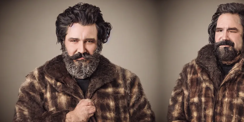 Prompt: high quality matte painting of a fantasy middle - aged burly lumberjack with a beard, dark hair, wearing a fur coat