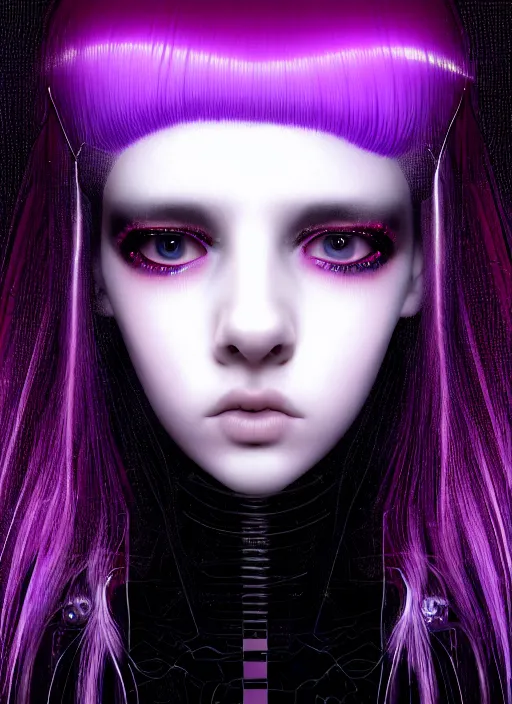 Image similar to hair whitebangs hair, black cyberlox, portrait of teenage girl with white bangs, whitebangsblackhair, messy bangs, cyberlox, whitebangs, red irises, purple clothes, intricate, elegant, glowing lights, highly detailed, digital painting, artstation, concept art, sharp focus, illustration, art by wlop, mars ravelo and greg rutkowski