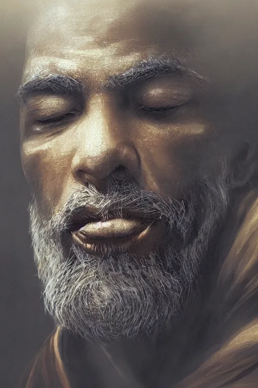 Image similar to hindu monk, close - up portrait, devoted, intricate, elegant, volumetric lighting, scenery, digital painting, highly detailed, artstation, sharp focus, illustration, concept art, ruan jia, steve mccurry