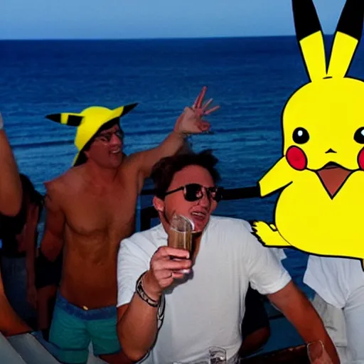 Image similar to a drunk pikachu partying in ibiza