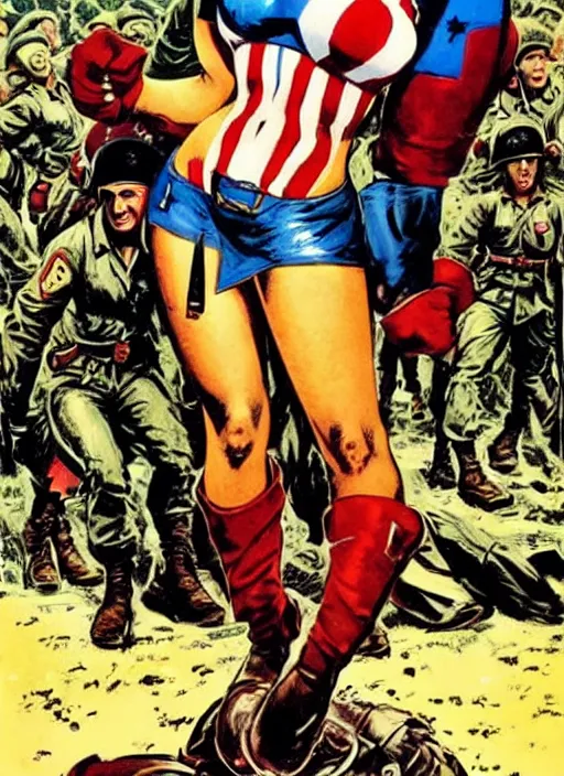 Prompt: beautiful brazilian female captain america standing on a pile of defeated, beaten and broken german soldiers. feminist captain america wins wwii. american wwii propaganda poster by james gurney. gorgeous face. overwatch