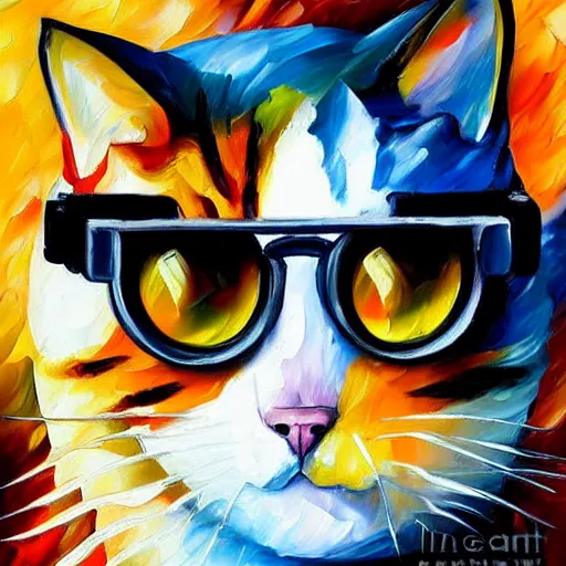 Prompt: painting of a cat wearing a lab coat and safety goggles mixing chemicals by Leonid Afremov