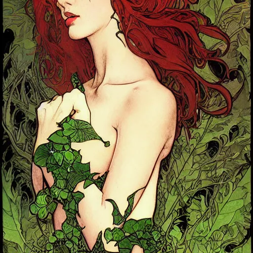 Prompt: a beautiful painting of professor poison ivy, botany, dark eyeliner, intricate, elegant, highly detailed, digital painting, artstation, concept art, matte, sharp focus, illustration, art by rebecca guay and by arthur rackham and by alphonse mucha and by john william waterhouse